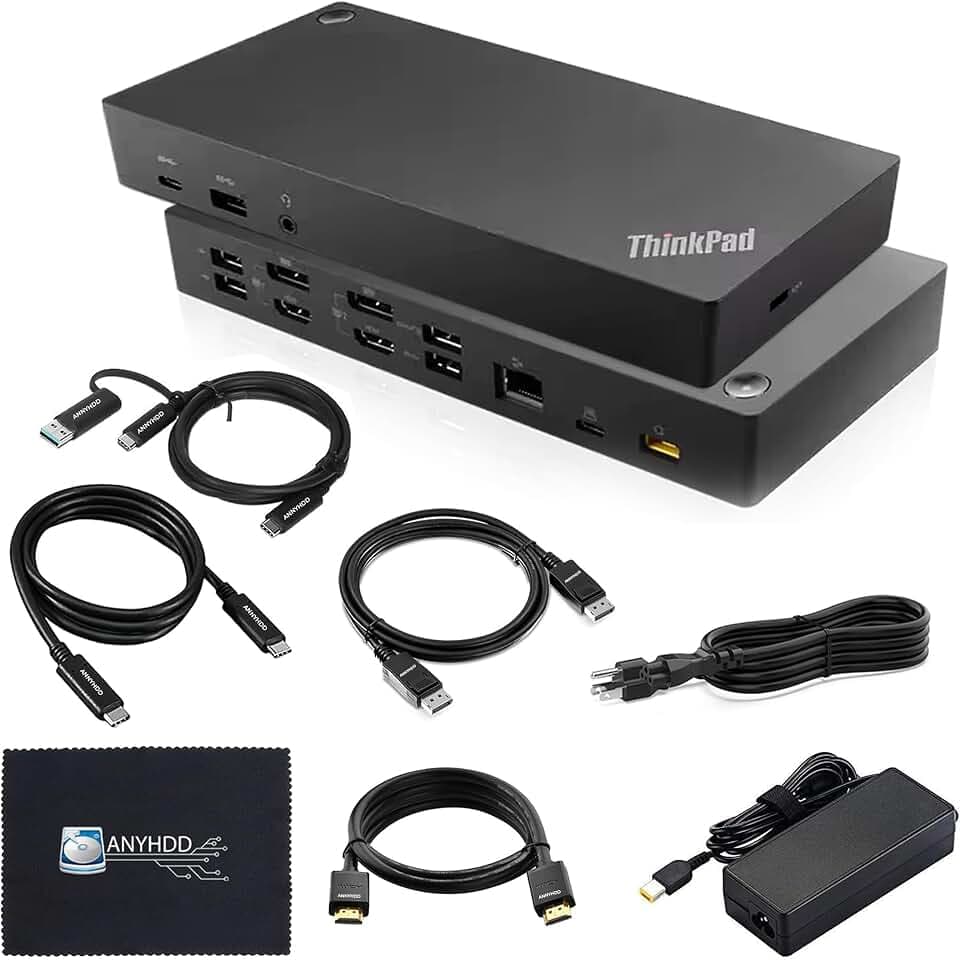 40AF0135US Lenovo Docking Station Dual Monitor Hybrid USB-C with USB-A - 1 Year Warranty, Thinkpad Dock w/ 135W Adapter, ANYHDD HDMI, DisplayPort, USB-C Cables, Cloth - Lenovo Laptop Docking Station