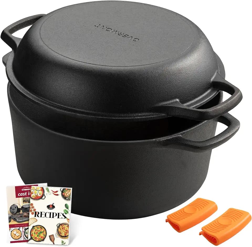 Overmont Gusseisen Topf Dutch Oven - Brottopf mit Deckel ⌀28 cm - Doppelfunktion Deckel/Bratpfanne - für Küche Camping Garten BBQ Backen Gasgrill