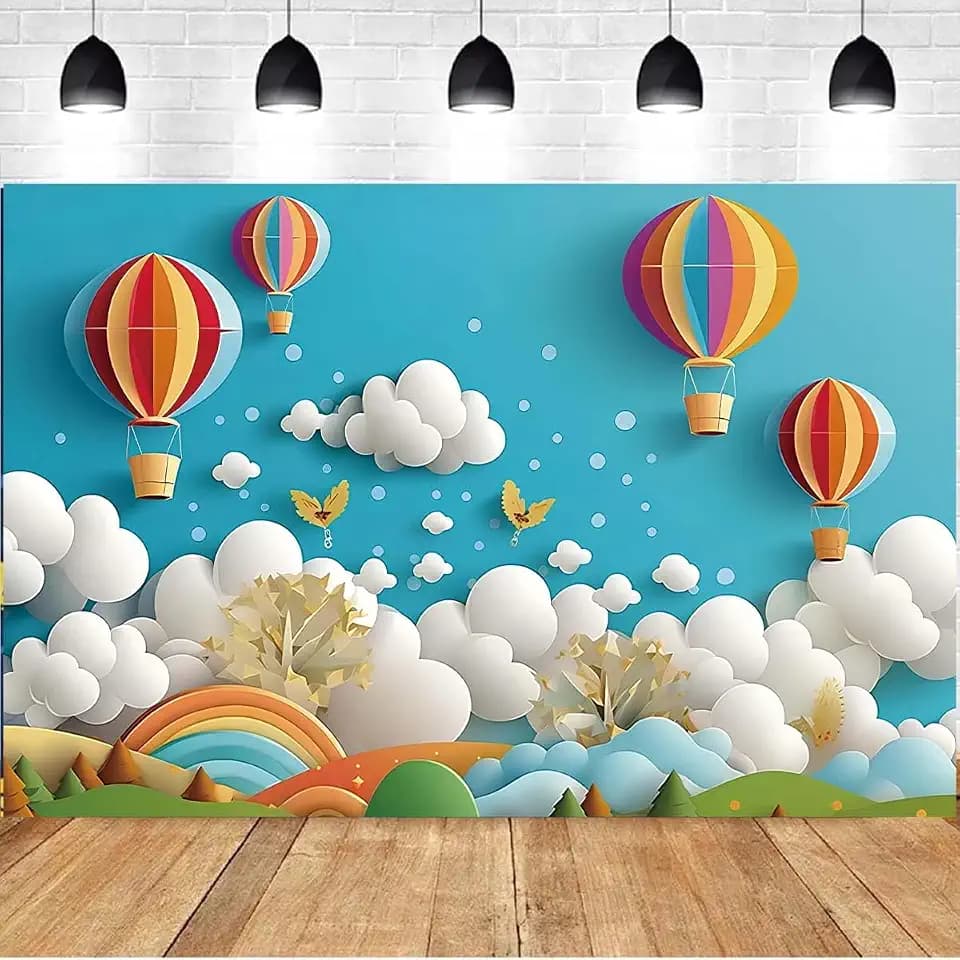 Rainbow Hot Air Balloon Flower Photography Background Happy 1st Birthday Backdrop Girl Boy 1st Birthday Party Cake Smash Banne Blue Sky White Clouds Baby Shower Newborn Background (Blue, 7x5feet)