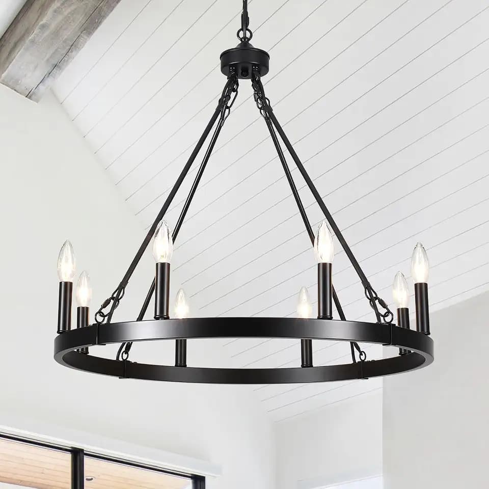 8-Lights Black Wagon Wheel Chandelier 26" Industrial Hanging Light Fixture for Dining Room Farmhouse Round Chandeliers for Living Room Foyer Hallway Kitchen Island Entryway