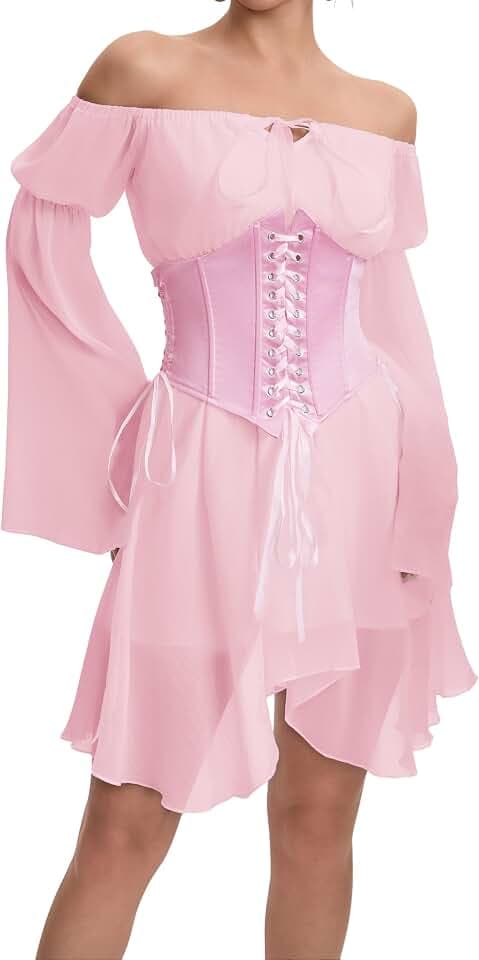 Womens Corset Dresses Off Shoulder Fairy Dress Pirate 2 Piece Set