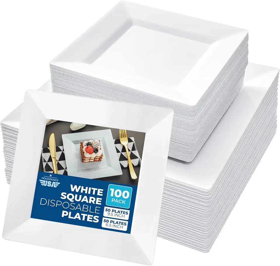 100 Plastic Square Plates for Party – 50 Dinner 9.5" & 50 Salad 6.5" White Heavy Duty Disposable Plates Set Reusable – Fancy Elegant Decorative Sturdy Premium Hard Nice Plate for Wedding Baby Shower