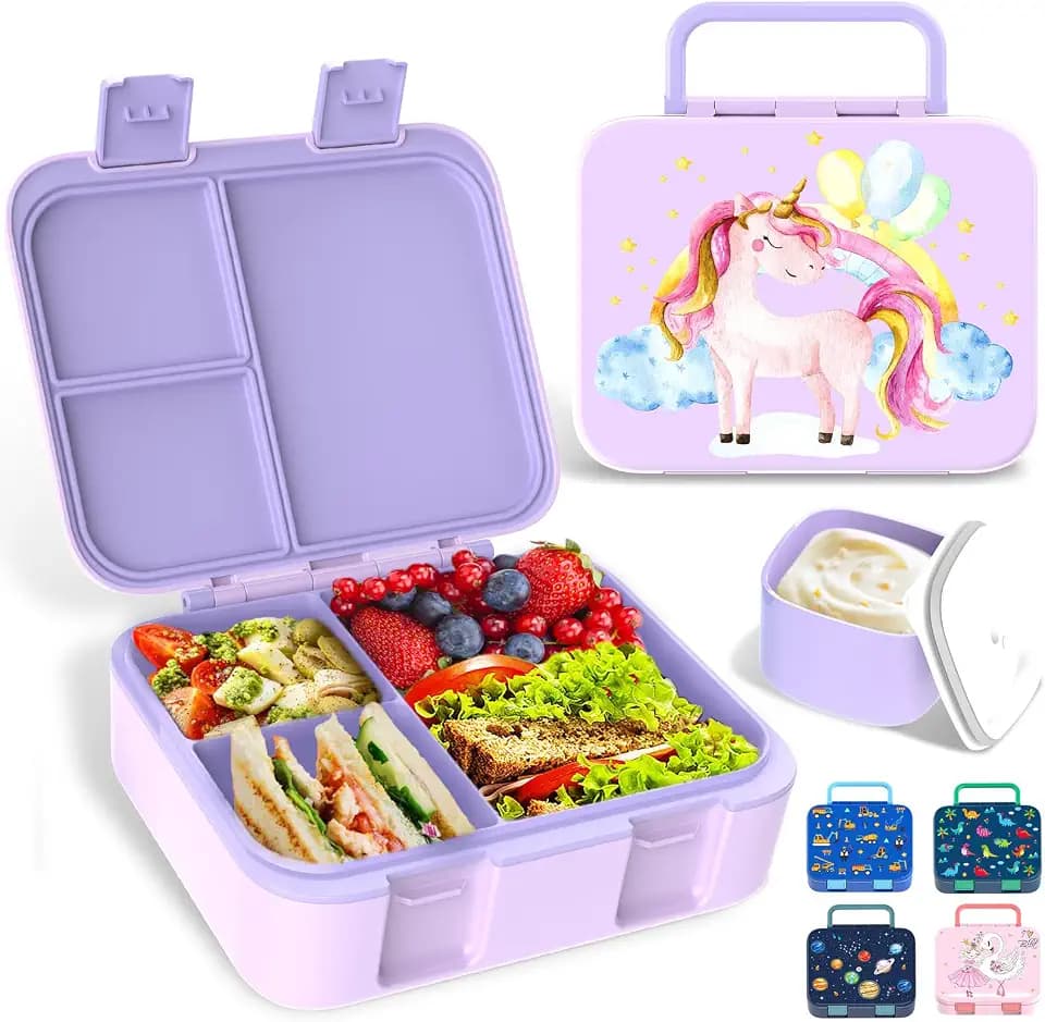 Kinder Lunch Box, Einhorn Bento Box auslaufsicher mit Multi-Fächern – Jausenbox für Kindergarten und Schule Snackbox für Jungen Mädchen Kinder (Lila Einhorn)
