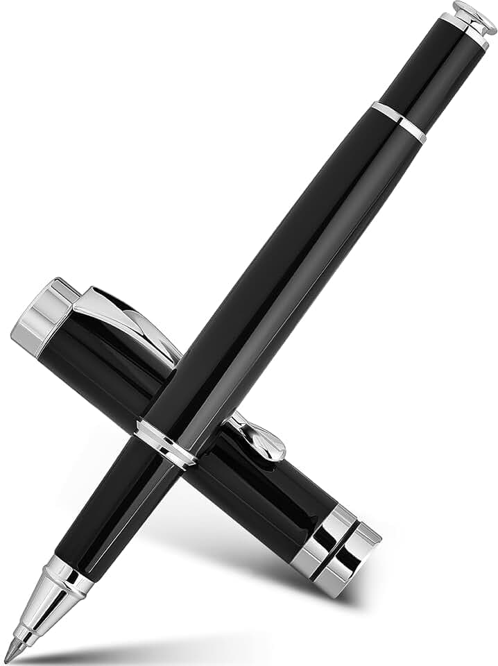 BEILUNER Rollerball Pen, Stunning Black Chrome Metal Pens with Silver Trim