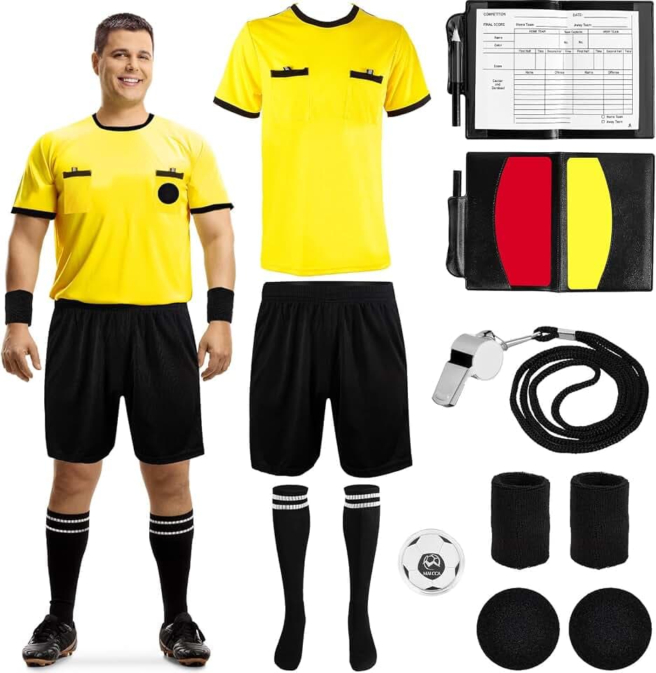 Xuhal Soccer Referee Kit Referee Shirt Soccer Referee Cards Referee Shorts Socks, Referee Whistle Football Side Selector Wristbands Sport Soccer Accessory for Adult(XL)