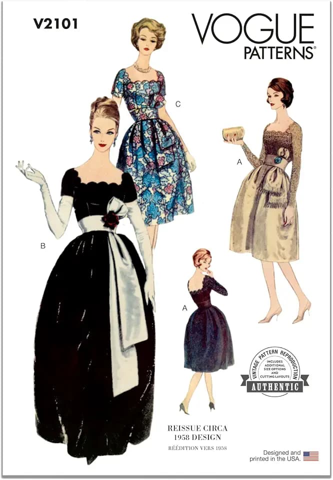 McCall's Misses' Vintage 1958 Evening Dress with Belt and Sash Sewing Pattern Packet, Design Code V2101, 6-8-10-12-14, Multicoloured