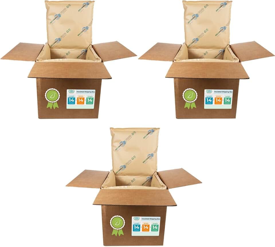 IDL Packaging 14" x 14" x 14" Insulated Shipping Box, 5.8-Gallon Capacity, Pack of 3 - Includes EcoMax™ Thermal-Paper Liners, Absorb Condensation - For Frozen Food, Meat, or Fish