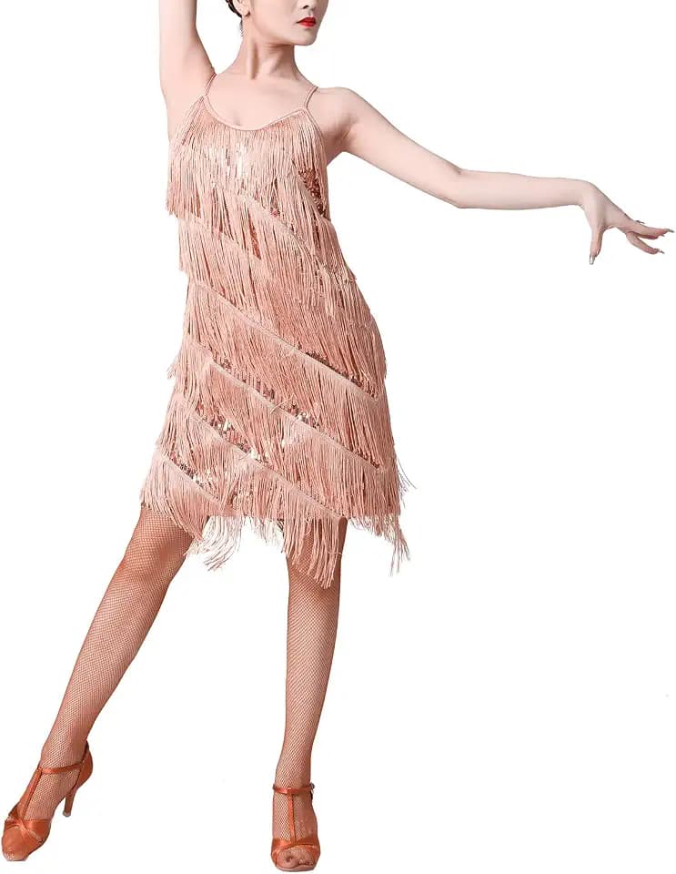 Women Salsa Latin Dance Dress Sequin Tassel Fringe Flapper Dress 1920s Gatsby Cocktail Dress Tango Ballroom Dancing Costume
