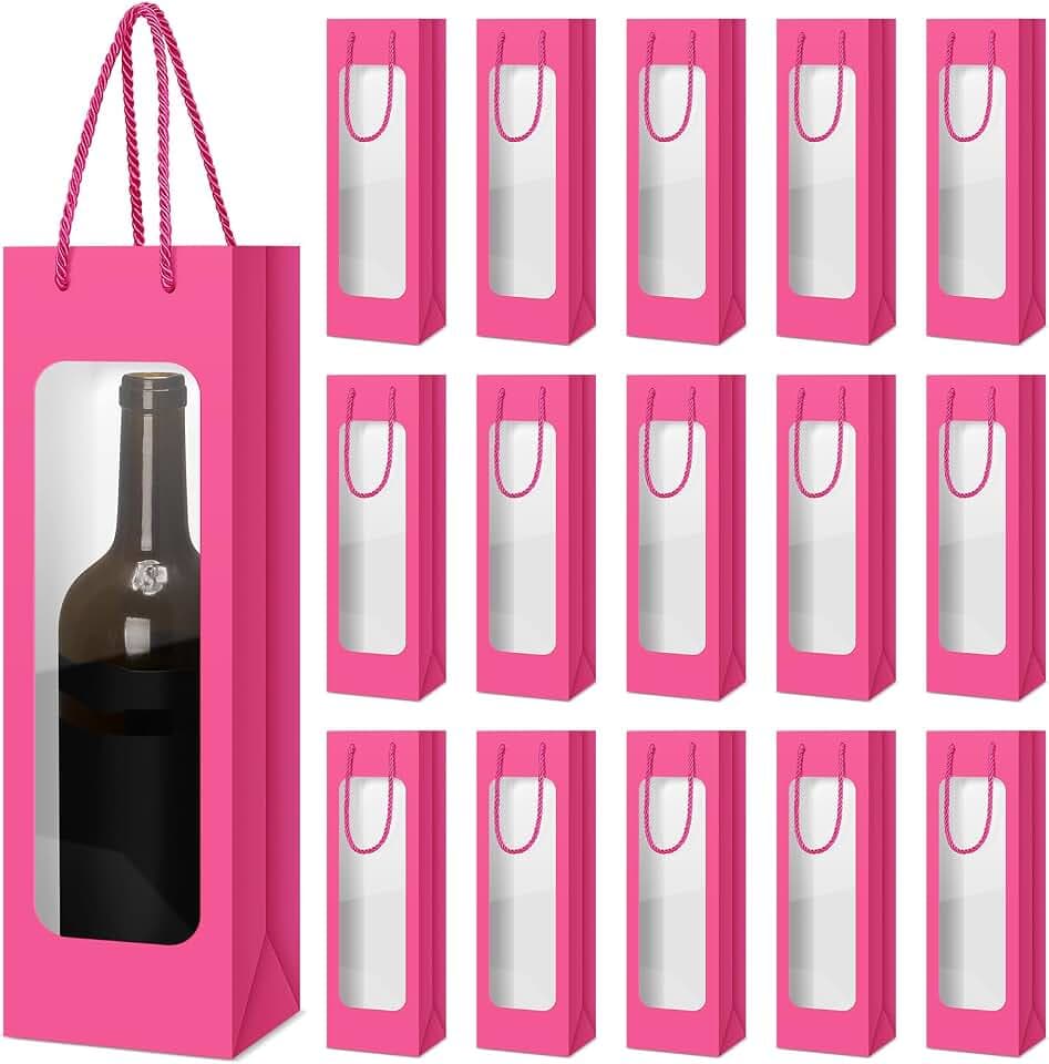 Tioncy 24 Pack Single Wine Bottle Gift Bags with Window&Handles, Hot Pink