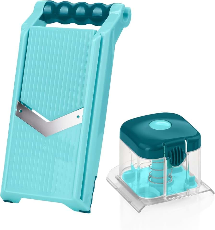 Genius Nicer Dicer Chef Professional Verstellbarer Gemüsehobel Set 2-tlg. - Schneidehobel, Scheibenschneider, mit Handy Hopper, inkl. Schutzabdeckung, V-Klinge