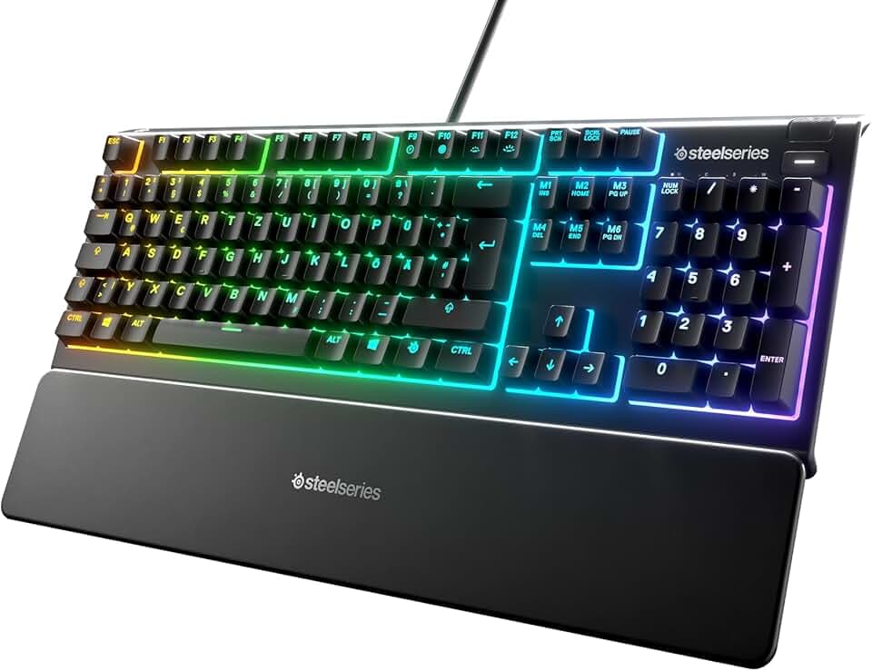 SteelSeries Apex 3 Gaming Tastatur - 10-Zonen RGB-Beleuchtung - Flüsterleise Gaming-Switches - Premium magnetische Handballenauflage - IP32 wassergeschützt - Deutsches (QWERTZ) Layout