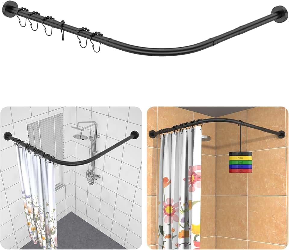 Duschvorhangstange L-Form, Duschstange Ecke Rostfrei - inkl. 18 Ringe - 304 Edelstahl - Matt Schwarz - Stabile Winkelstange Duschvorhang ohne Deckenhalterung -Duschvorhangstange Badewanne & Dusche