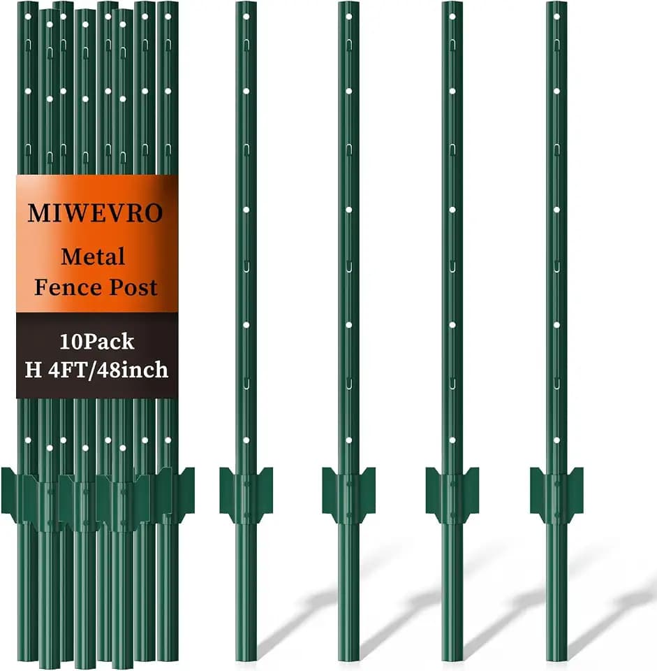 Metal Garden Fence Posts– Heavy Duty U-Post for Wire Fencing, 4 FT Green
