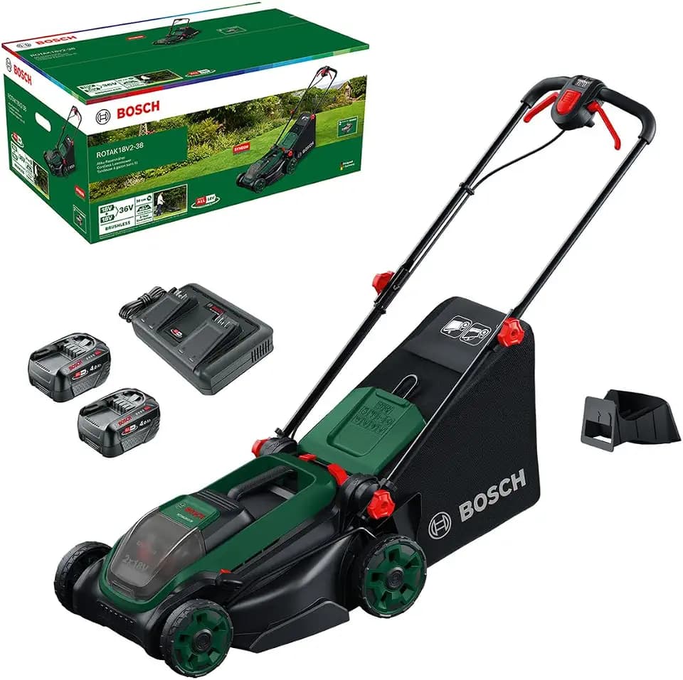 Bosch Akku-Rasenmäher ROTAK18V2-38 (Schnittbreite: 38 cm, Schnitthöhe: 30-75 mm, 40 l Stoff-Grasfangkorb, Mulchstopfen, inkl. 2 x 18V Akku und Ladegerät)