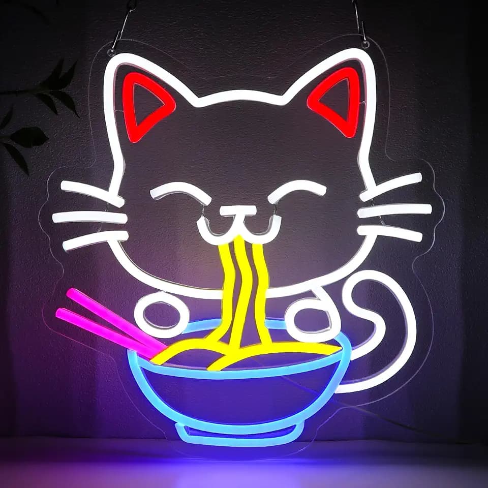 Fortune Cat Ramen Neon Sign for Wall Decor, Japanese Lucky Cat Led Signs for Business, USB Dimmable Cartoon Cat Neon Lights for Noodles Shop Kitchen Home Pub Dinning Room Restaurant Wall Art