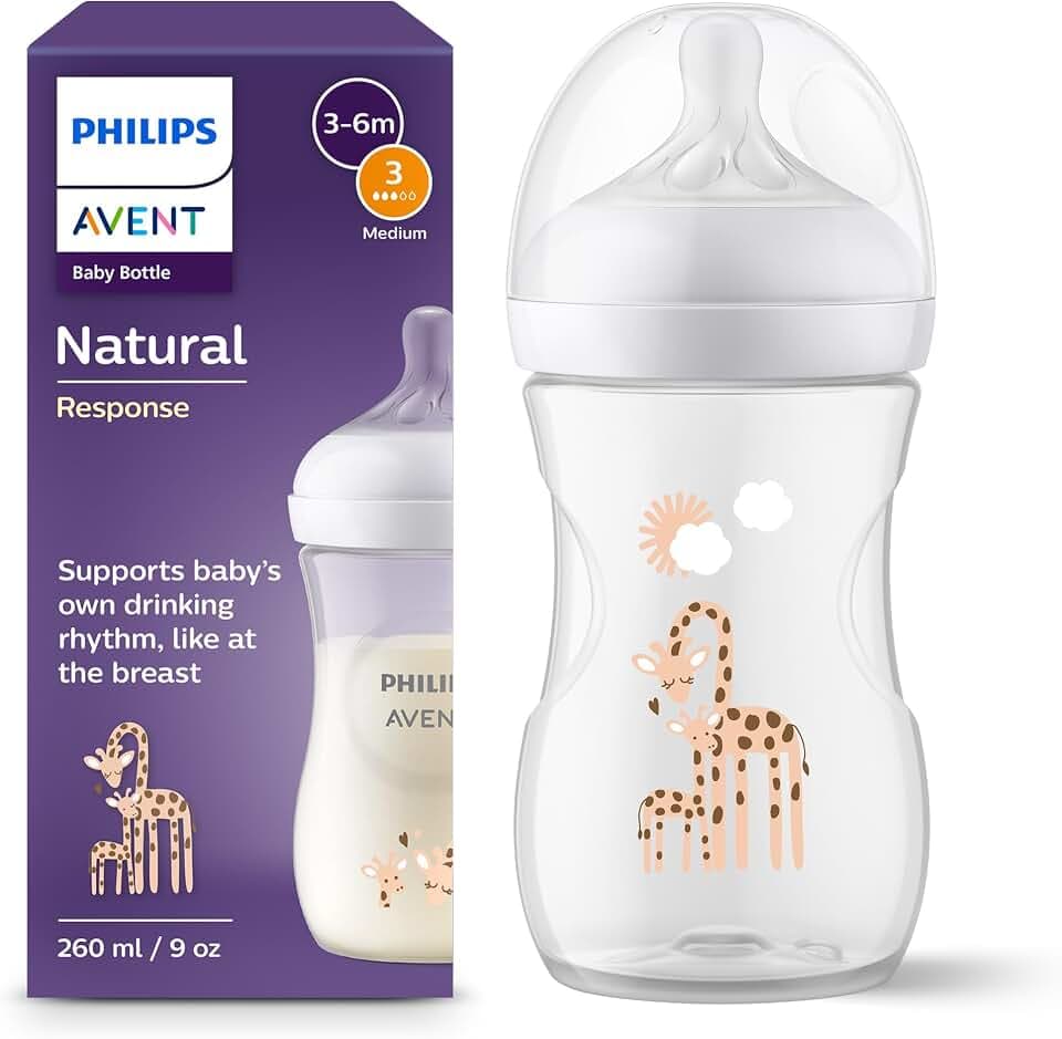 Philips AVENT Babyflasche Natural Response – Babyflasche, 260 ml, BPA-frei, für Babys ab 1 Monat, Giraffenmotiv (Modell SCY903/66)