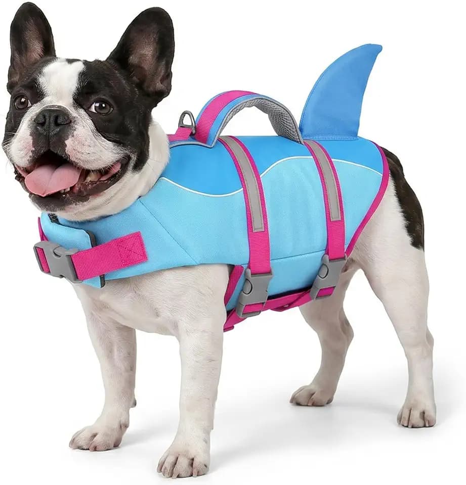 AOFITEE Schwimmweste Hund Klein, Verstellbar Hunde Schwimmweste Hai, Ripstop Hundeschwimmweste Kleine Hunde Rettungsweste mit Rettungsgrif, Welpen Hundeweste Schwimmen für Bootfahren, Blau, S