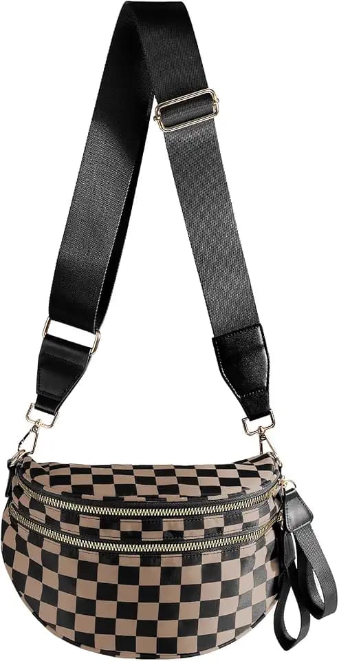 FEIBOON Spacious Checkered Nylon Crossbody Bag Bum Bag Handbags for Women