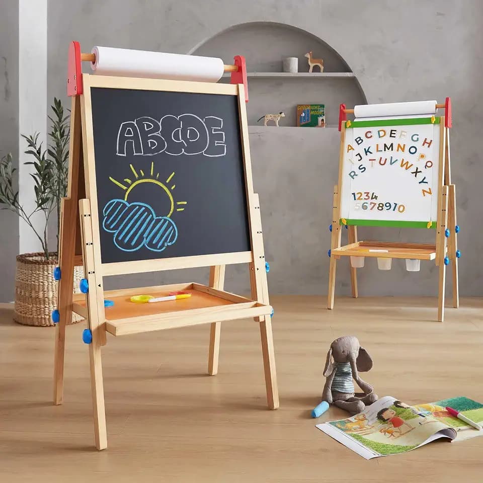 Tiny Land Wooden Easel for Kids, Art Easel with Chalkboard & Whiteboard