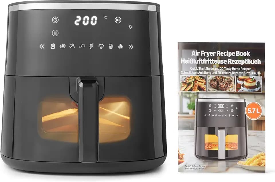 Amazon Basics 5,7-Liter-Heißluftfritteuse mit Sichtfenster, 8 voreingestellte Menüs, 60°C–200°C, 1750W, Air Fryer für 4–6 Personen, Schwarz