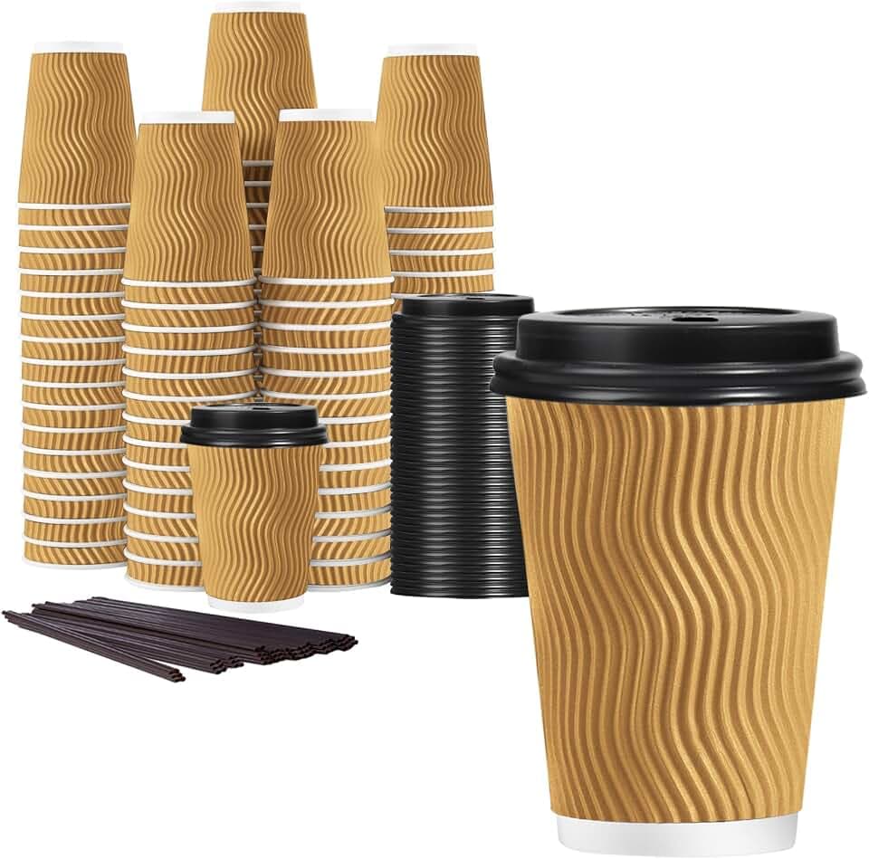 Lamosi 50 Pack 12 oz Coffee Cups with Lids, Disposable Paper Cups