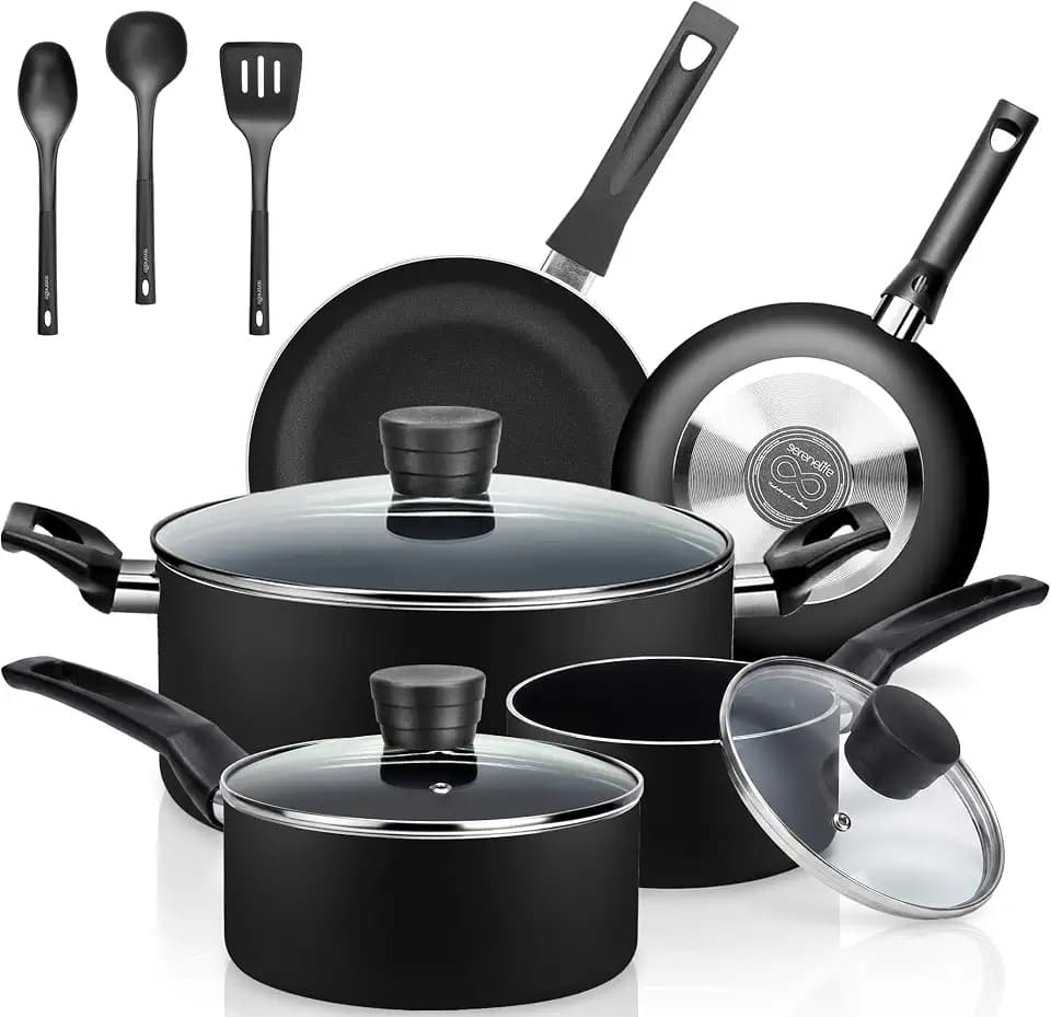 SereneLife Töpfe & Pfannen, 11 teiliges Kochgeschirr Set, Antihaftbeschichtet, Inklusive Küchenzubehör, Für Gas-, Elektro- & Keramikherde, PFOA/PFOS-frei, Schwarz
