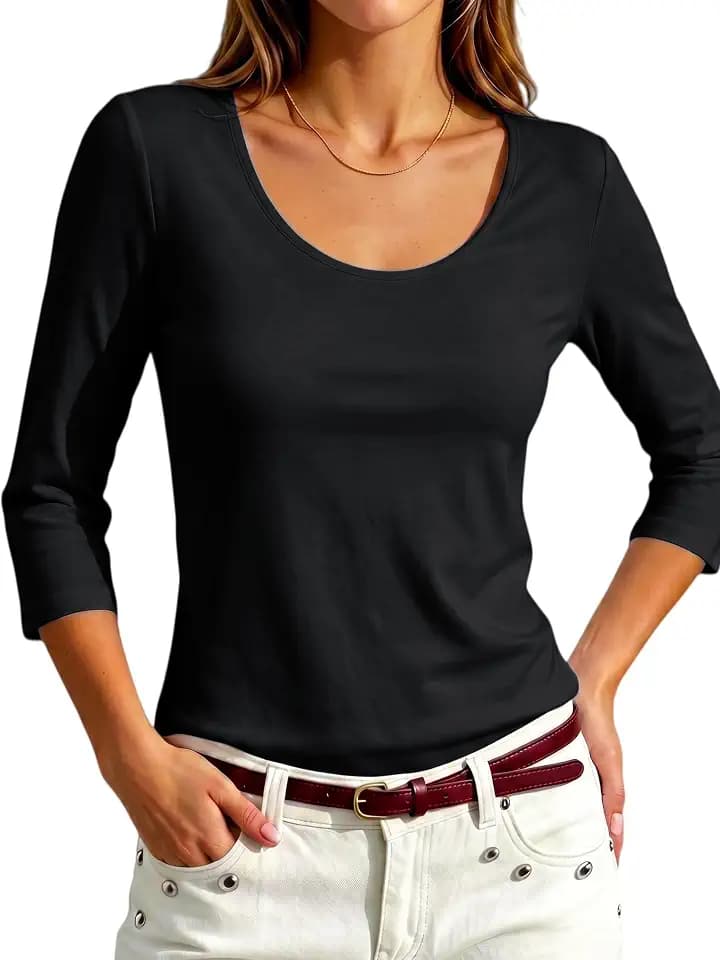 Meetrendi Women 3/4 Sleeve Scoop Neck Top Cotton Slim Fit Basic T-Shirt