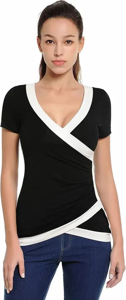 AmélieBoutik Women Color Trim V Neck Faux Wrap Pleated Detail Blouse
