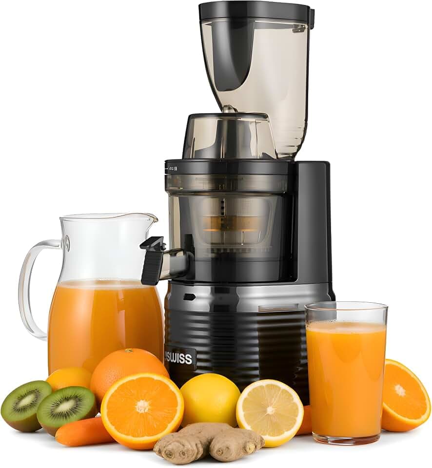 4Swiss Entsafter Saftpresse Elektrisch für Gemüse Obst Slow Juicer Machine mit Einfüllschacht - Kaltentsafter Fruchtpresse Presse Große Saftmaschine XL Leicht zu Reinigen Obstpresse - BM202 Schwarz