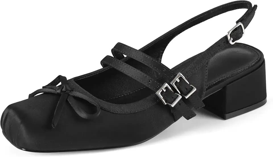 Kalstage Women's Slingback Ballet Flats Satin Mary Jane Shoes Bow Pumps