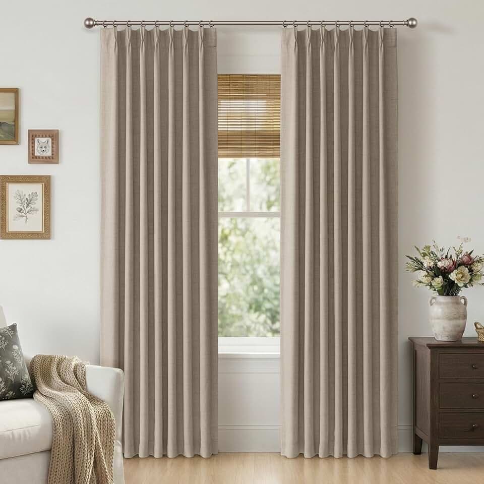 Grey Beige Total Blackout Linen Pinch Pleated Curtains 90 Inches Long