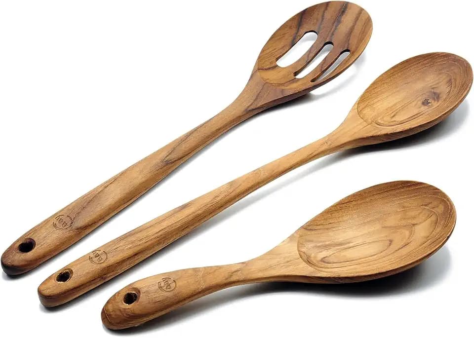 FAAY 3-In-1 Wooden Spoons Handcrafted Golden Teak Kitchen Utensils Including 13.5 Inch Cooking Spoon, Slotted Spoon and 9 Inch Versatile Spoon, 100% Natural & Eco Friendly with Ergonomic Handle