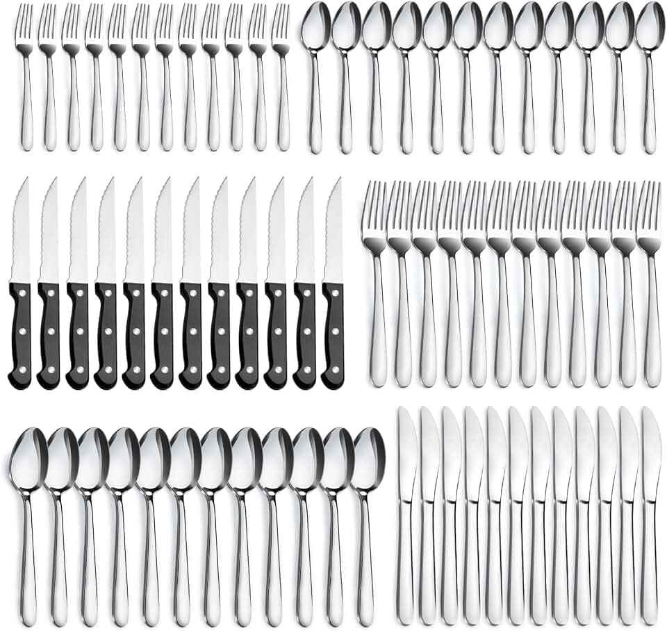 Pleafind 72-Pieces Silverware Set for 12, Flatware Set with Triple Rivet Steak Knives, Stainless Steel Cutlery Set, Include Forks Spoons and Knives Set, Utensil Sets for Home Restaurant