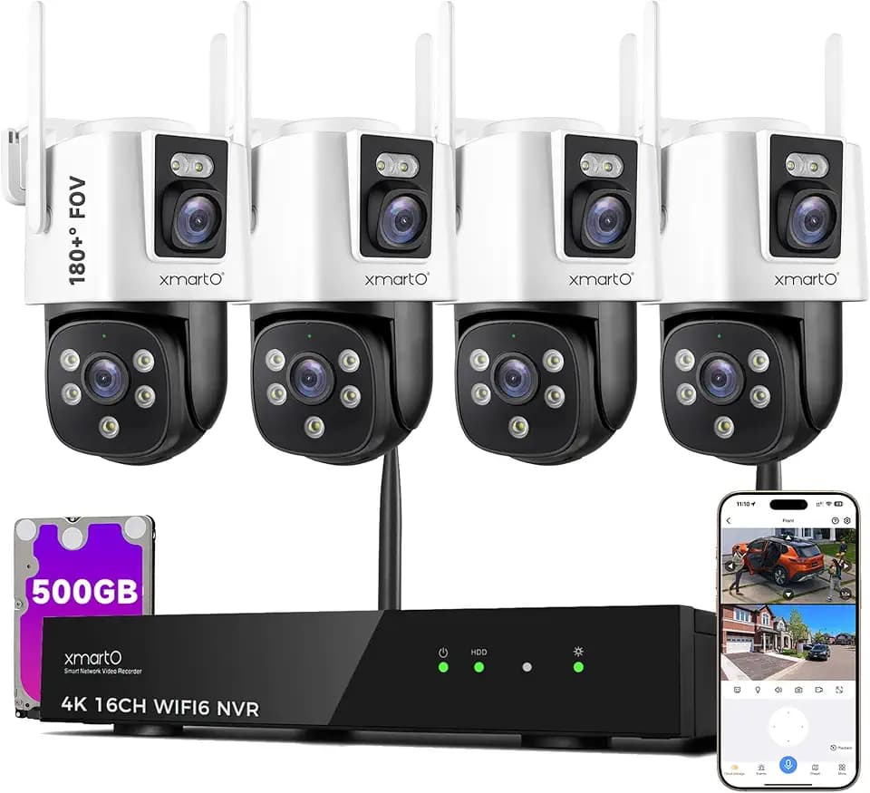 xmartO 4‑Cam Dual‑Lens Security Camera Kit, 500GB 4K NVR PTZ AI Tracking