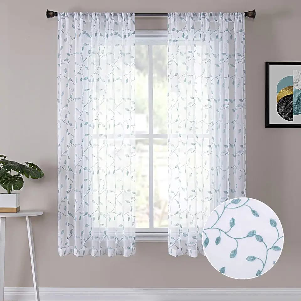 Tollpiz Leaves Short Sheer Curtains Teal Blue Leaf Embroidery Living Room Curtain Rod Pocket Voile Faux Linen Embroidered Leaves Curtains for Bedroom, 38 x 54 inches Long, Set of 2 Panels