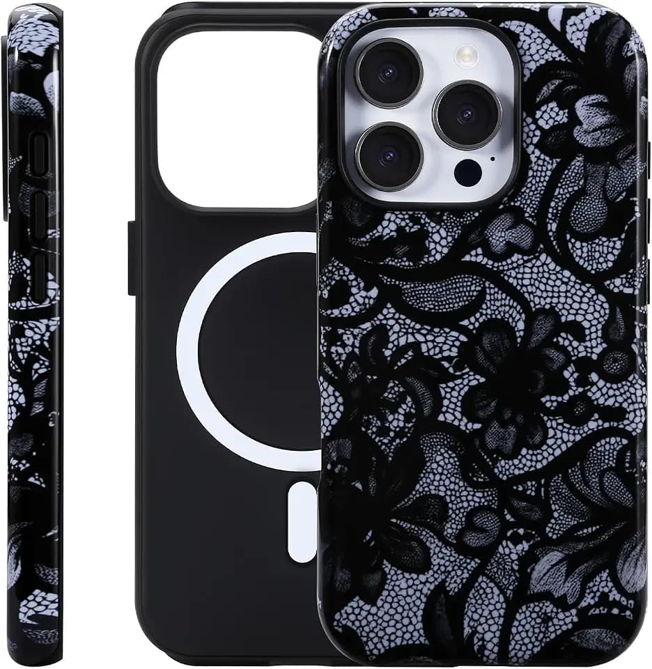 for iPhone 16 ProMax Case - Wireless Charging for MagSafe, Dual-Layer Design (Outer Hard PC Shell + Inner Soft TPU Shell), Shockproof Protective Case Suitable for Girls - Lace Floral Pattern.
