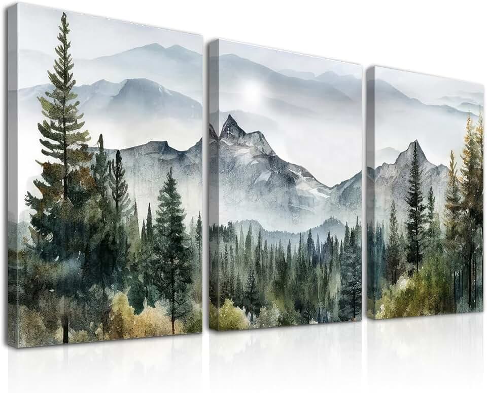 Dazzlewall 3Pcs Gerahmte Wandkunst Dekor Wald Berg Aquarell Malerei Wald Moderne Natur Landschaft Poster für Büro Schlafzimmer Wohnzimmer Dekor 12x16 zoll