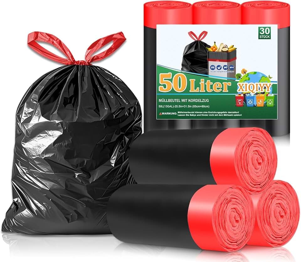 Müllbeutel 50L Schwarz Mit Zugband Für Küche, 30 Stück