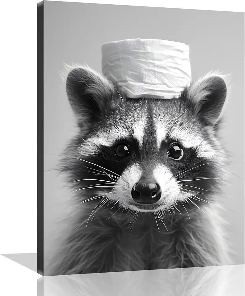 Raccoon Bathroom Wall Art Raccoon Toilet Paper Painting Funny Animal Bathroom Canvas Wall Art Black and White Animal Toilet Pictures for Bath Restroom Wall Decor Framed 16X20 inch