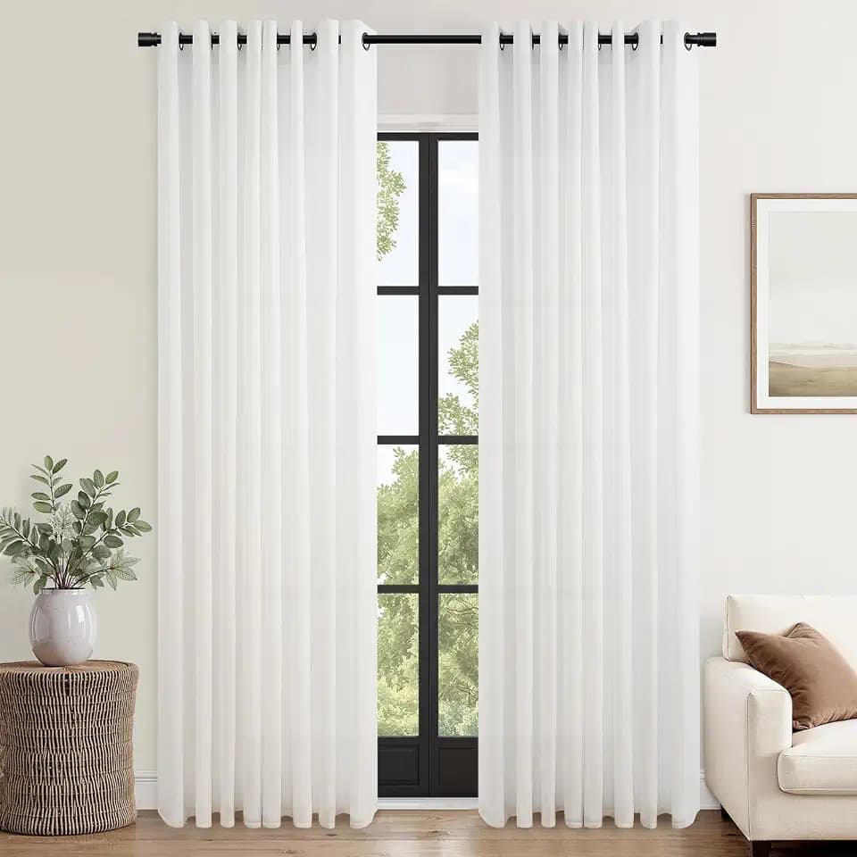 Topfinel Leinen Weiß Halbtransparent Vorhang Wohnzimmer Schlafzimmer, Leinenoptik Vorhänge mit Ösen H 225 x B 140 cm, Boho Gardinen Natural Leinen Baumwolle Voile Stores Gardinen mit Schlaufen 2er Set