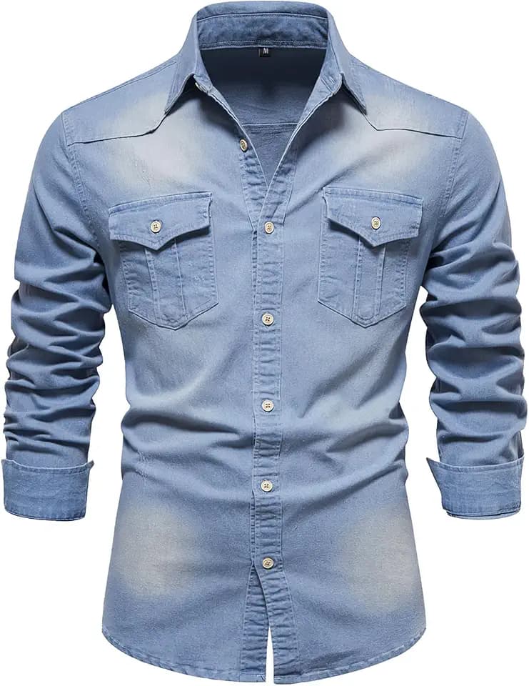 Eisctnd Men's Denim Shirt Slim Fit Long Sleeve Button Down Jean Work Shirts