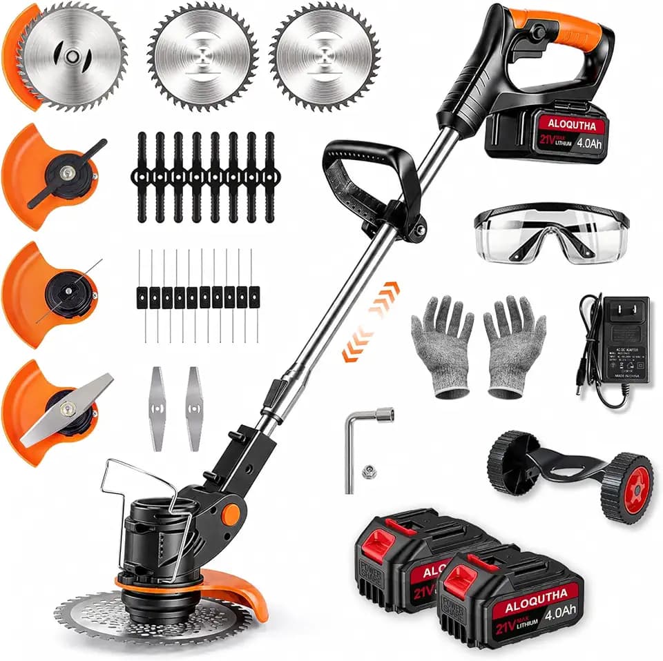 21V Cordless Electric Weed Wacker Weed Eater, 3-in-1 Lightweight Grass Trimmer Brush Cutter Lawn Edger, 2 x 4.0Ah Batteries & Charger with 3 Blades & Guide Wheel for Yard Garden