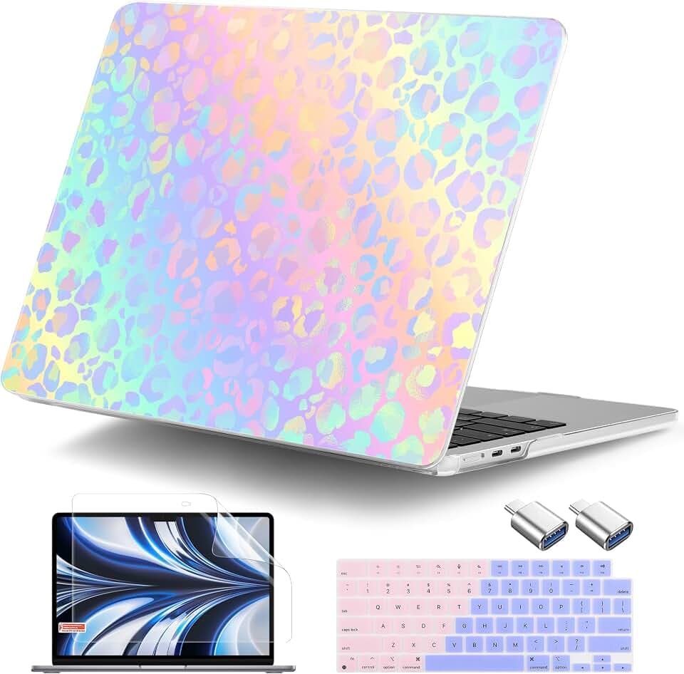 DONGKE for MacBook Air 13.6 Inch Case 2026 2025 2024-2022 A3449 A3240 A3113 A2681 M5 M4 M3 M2 Touch ID, Plastic Hard Shell & Keyboard Cover & Type C Adapter for MacBook Air 13 inch, Leopard Print
