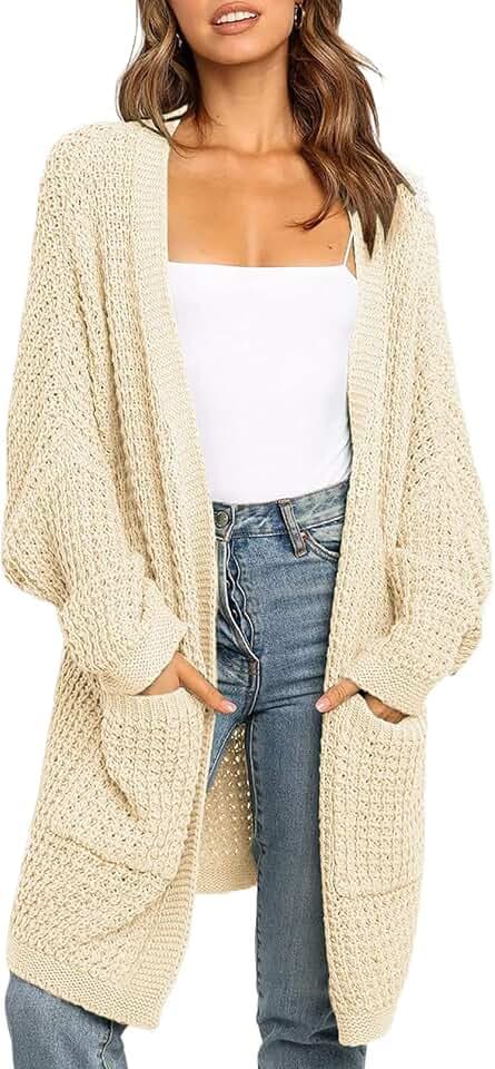 Uusollecy Strickjacke Damen Lang Open Front Cardigan, Casual Loose Langarm Strickcardigan mit Tasche