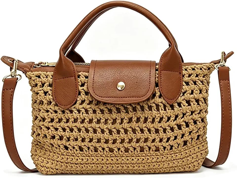 Crochet Tote Bag for Women Mini Boho Handbag Leather Trim Crossbody Purse Casual Woven Shoulder Satchel for Summer