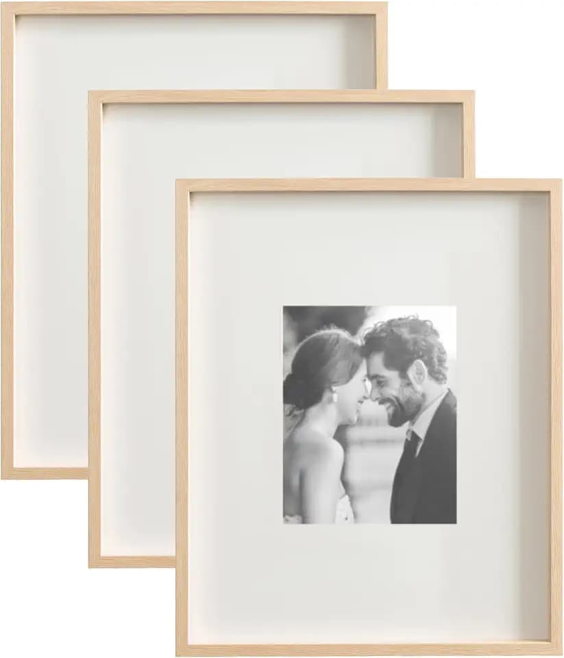 Kate and Laurel Gibson Modern Wall Picture Frame Set of 3; 16x20 matted to 8x10; Natural; Three-Piece Frame Set for Gallery Wall Frame Set in Living Room Wall Decor