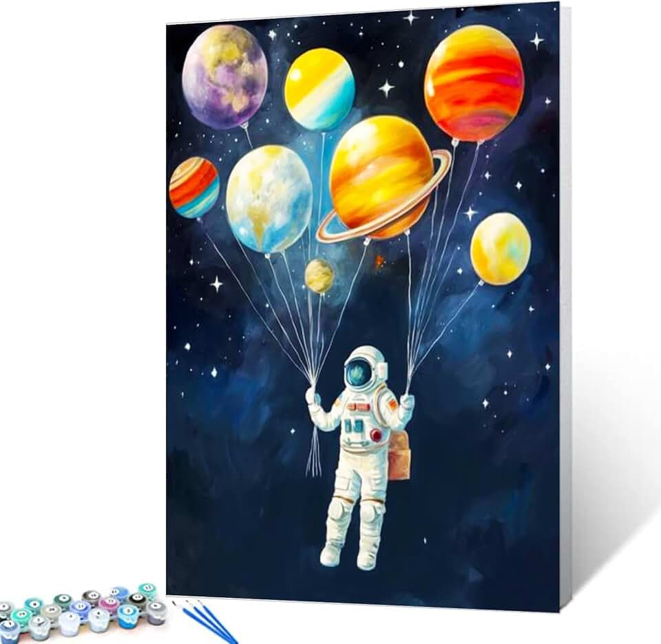Astronaut Holding Planets Balloons DIY Paint by Numbers for Adults Outer Space Astronaut DIY Digital Oil Painting Acrylic Paint Graffiti Painting Kits Canvas Pop Art Decor 16x20 Inch （without Frame ）