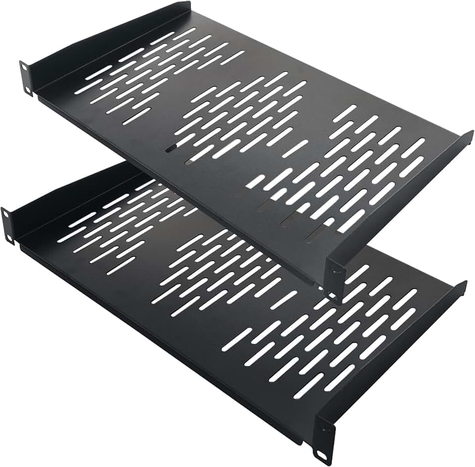 RIVECO 2PCS 1U Rack Shelves, 19” Cabinet Mount 1 U Tray Vented Cantilevers for Computer Case Shelf Mounting, 10 Inches 25CM Depth, Black