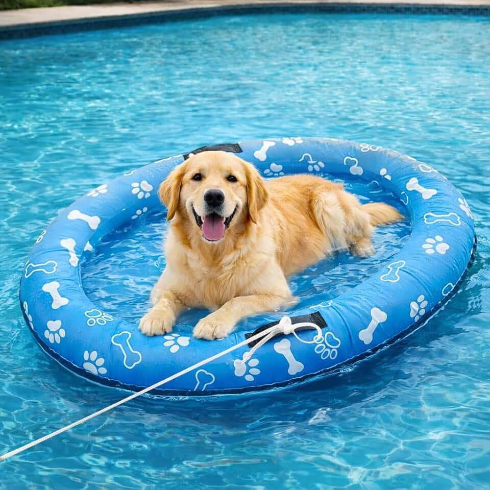 Inflatable Dog Pool Float with Rope, 53x36 Inch Oval Raft for Dogs up to 80lb