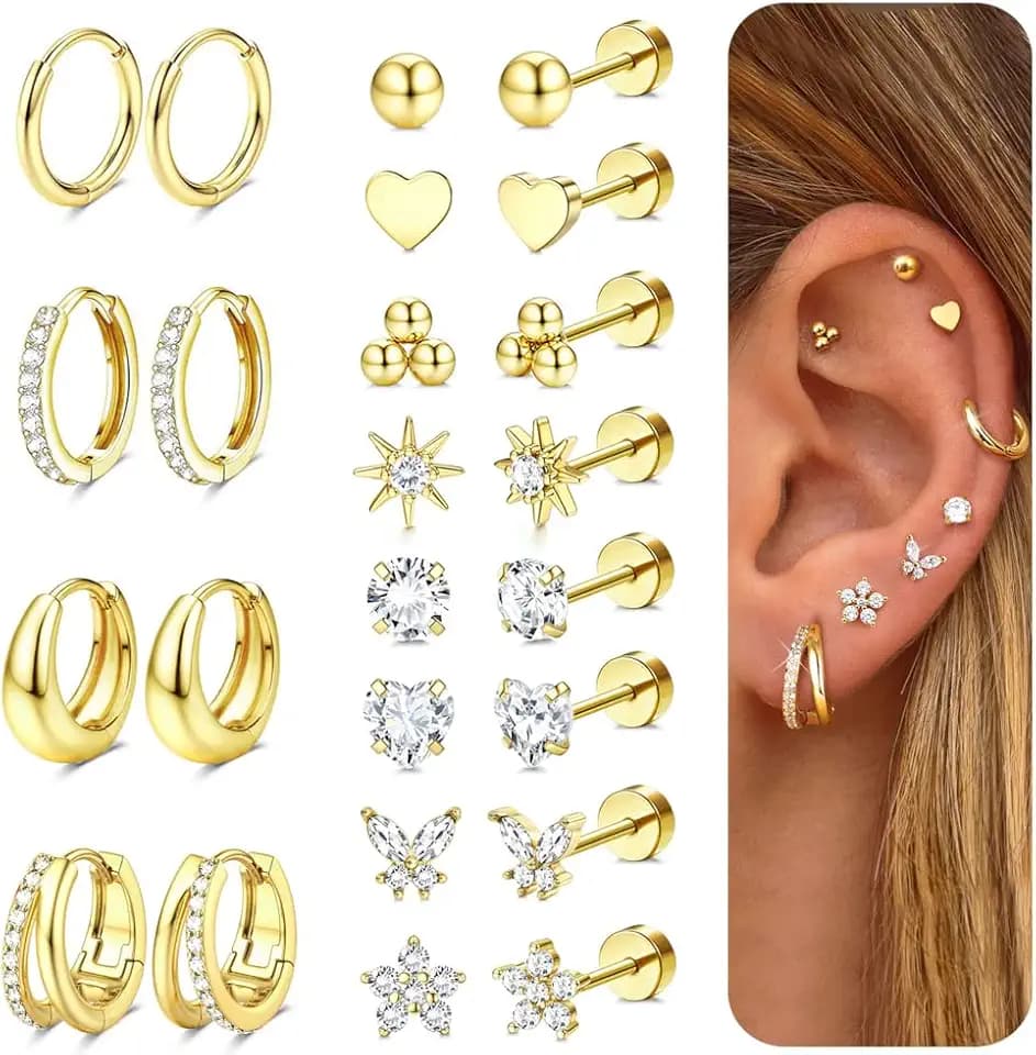 CASSIECA 12 Paar Ohrringe Set Damen, 316L Chirurgenstahl Ohrringe für Damen Herren Medizinische Ohrstecker und Creolen für Helix Tragus Piercing Ohr
